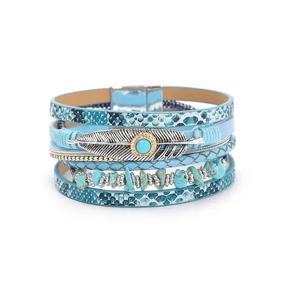 Bohemian Turquoise Magnet Buckle Bracelet Unisex PU Leather Simple Geometric Style
