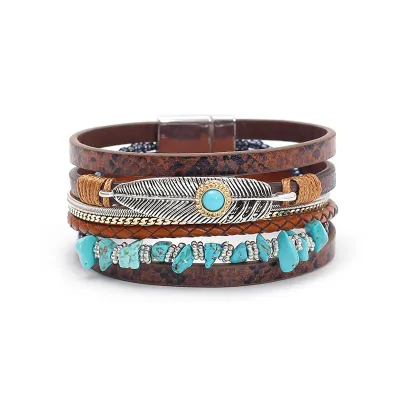 Bohemian Turquoise Magnet Buckle Bracelet Unisex PU Leather Simple Geometric Style