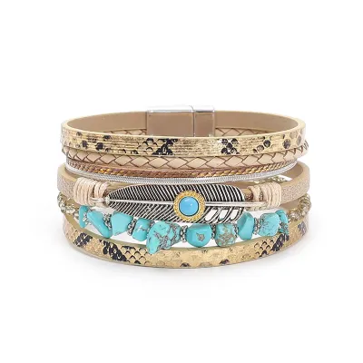 Bohemian Turquoise Magnet Buckle Bracelet Unisex PU Leather Simple Geometric Style