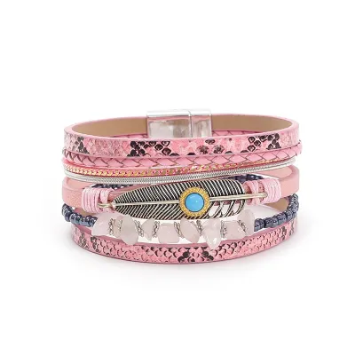 Bohemian Turquoise Magnet Buckle Bracelet Unisex PU Leather Simple Geometric Style
