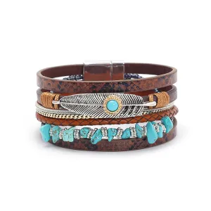 Bohemian Turquoise Magnet Buckle Bracelet Unisex PU Leather Simple Geometric Style