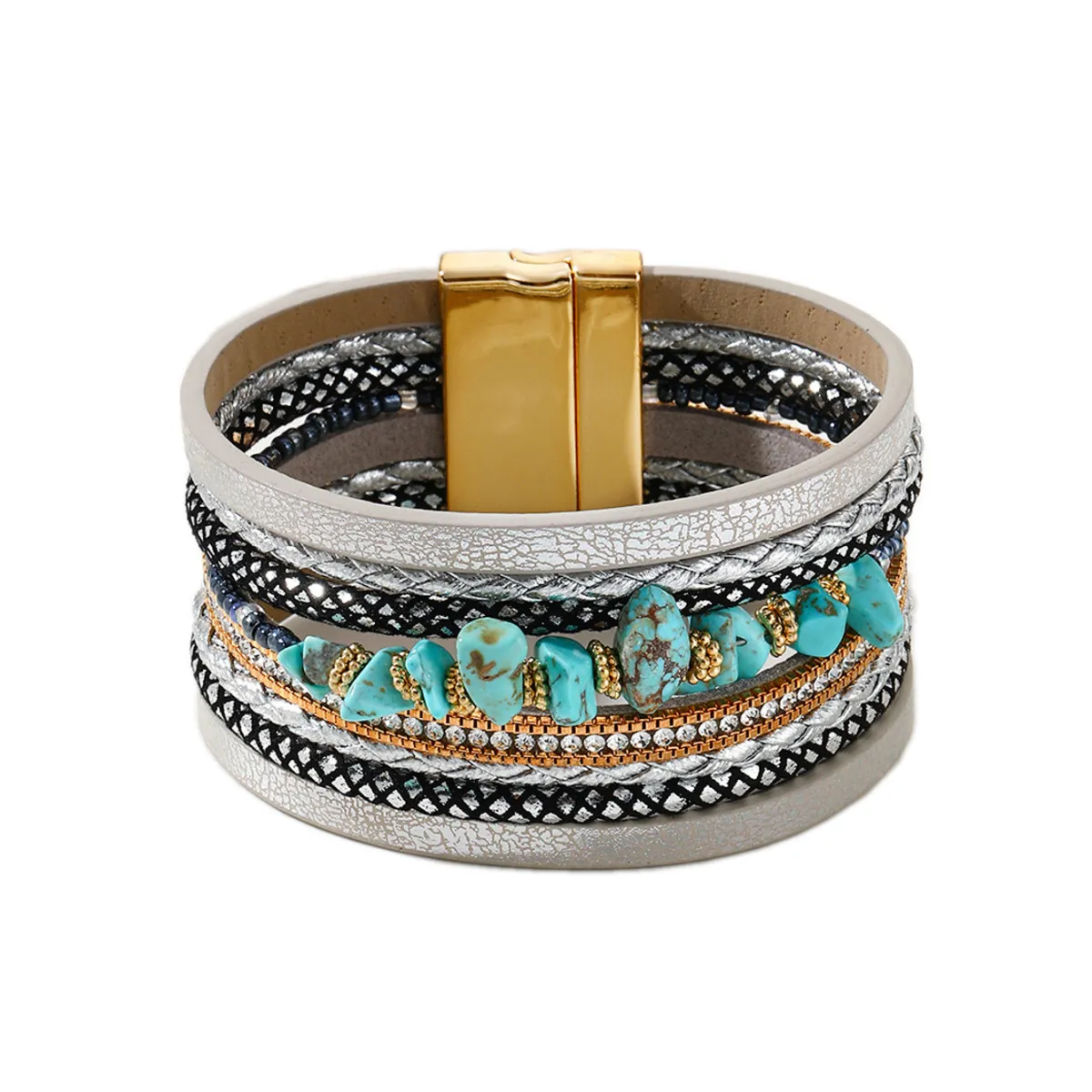 Bohemian Turquoise Beaded Leather Magnet Buckle Bracelet