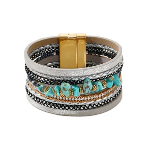 Bohemian Turquoise Beaded Leather Magnet Buckle Bracelet