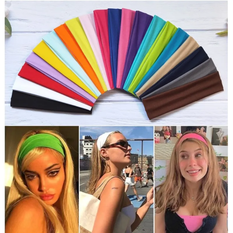 Women's Fashion Solid Color High Elastic Wide Sweat-Absorbent Headband with Letters Text