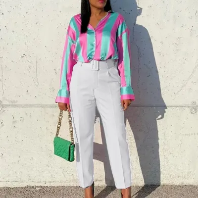 Women High Waist Straight Leg Pants Polyester Elegant Wind Solid Color
