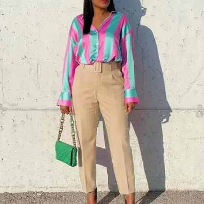 Women High Waist Straight Leg Pants Polyester Elegant Wind Solid Color