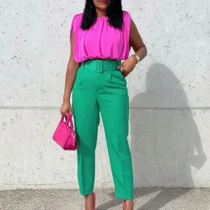 Women High Waist Straight Leg Pants Polyester Elegant Wind Solid Color