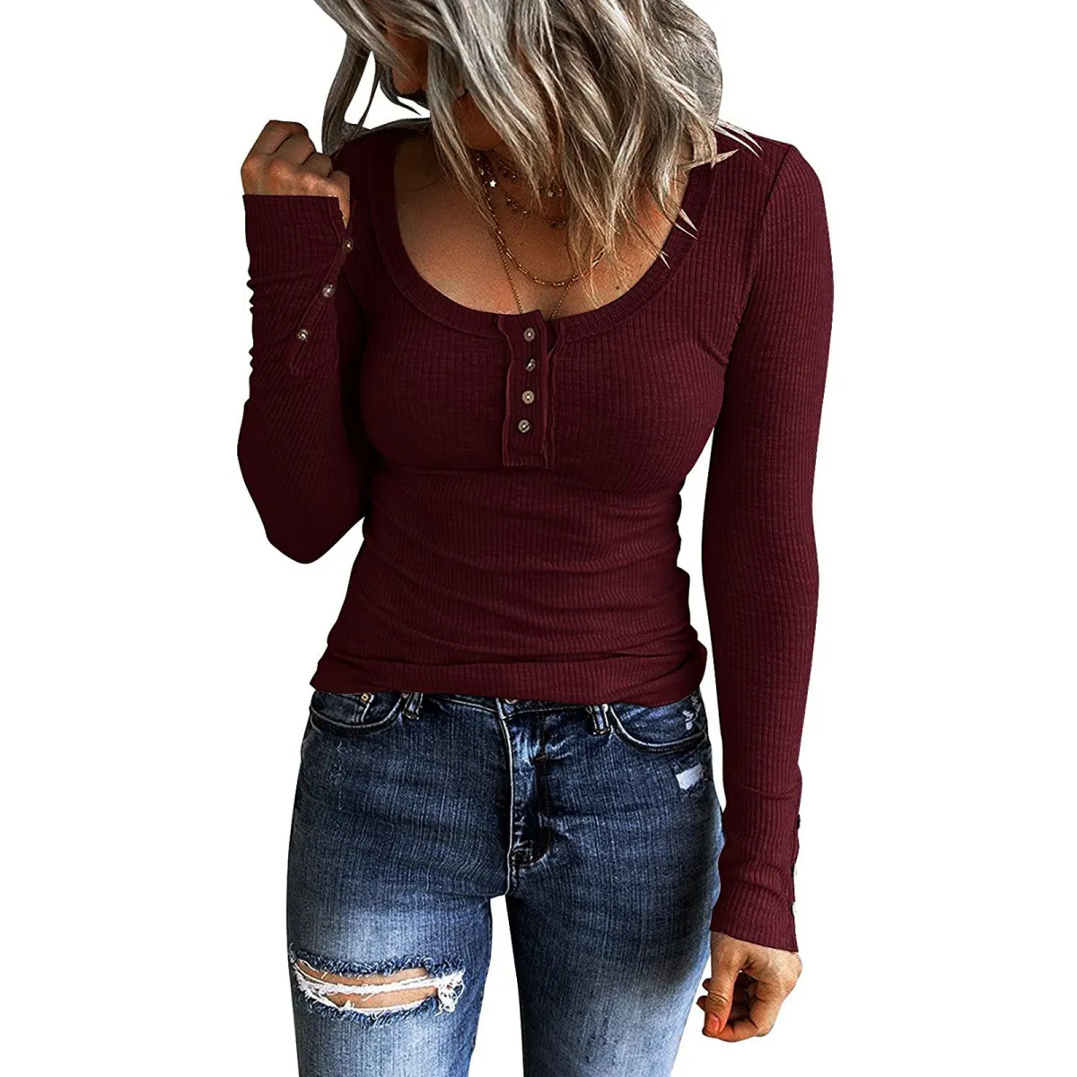 Women's Slim Fit Cashmere Blend Long Sleeve T-Shirt Solid Color Elegant