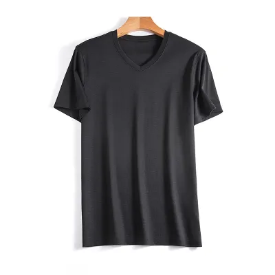 Men Silk-Mercerized Cotton Short-Sleeved T-Shirt Cool-Feeling Crew Neck Solid Color V Neck Short-Sleeved T-Shirt