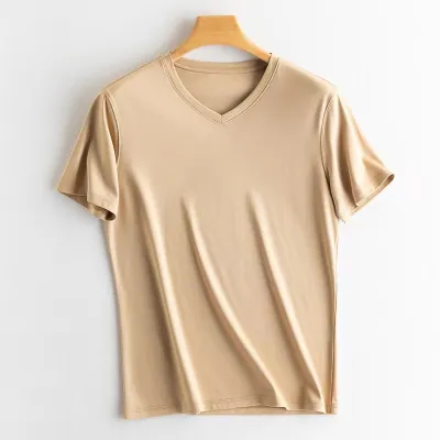 Men Silk-Mercerized Cotton Short-Sleeved T-Shirt Cool-Feeling Crew Neck Solid Color V Neck Short-Sleeved T-Shirt