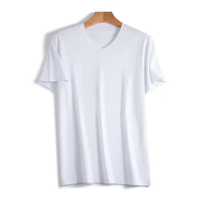 Men Silk-Mercerized Cotton Short-Sleeved T-Shirt Cool-Feeling Crew Neck Solid Color V Neck Short-Sleeved T-Shirt