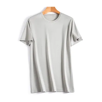 Men Silk-Mercerized Cotton Short-Sleeved T-Shirt Cool-Feeling Crew Neck Solid Color V Neck Short-Sleeved T-Shirt