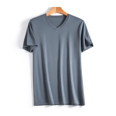 Men Silk-Mercerized Cotton Short-Sleeved T-Shirt Cool-Feeling Crew Neck Solid Color V Neck Short-Sleeved T-Shirt