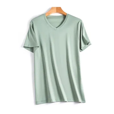 Men Silk-Mercerized Cotton Short-Sleeved T-Shirt Cool-Feeling Crew Neck Solid Color V Neck Short-Sleeved T-Shirt