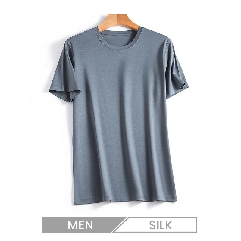Men Silk-Mercerized Cotton Short-Sleeved T-Shirt Cool-Feeling Crew Neck Solid Color V Neck Short-Sleeved T-Shirt