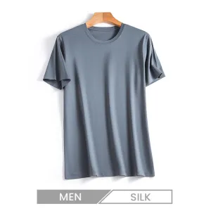 Men Silk-Mercerized Cotton Short-Sleeved T-Shirt Cool-Feeling Crew Neck Solid Color V Neck Short-Sleeved T-Shirt