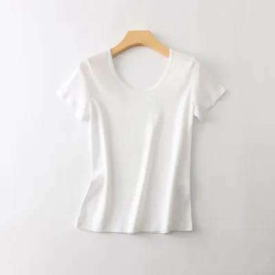 Women's Large U Neck Slim-Fit Short-Sleeved T-Shirt - Mulberry Silk Blend, Cool-Feeling, Non-Ironing