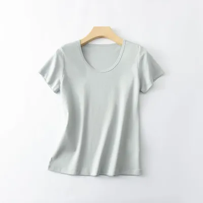 Women's Large U Neck Slim-Fit Short-Sleeved T-Shirt - Mulberry Silk Blend, Cool-Feeling, Non-Ironing