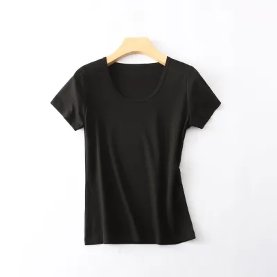 Women's Large U Neck Slim-Fit Short-Sleeved T-Shirt - Mulberry Silk Blend, Cool-Feeling, Non-Ironing