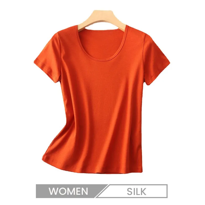 Women's Large U Neck Slim-Fit Short-Sleeved T-Shirt - Mulberry Silk Blend, Cool-Feeling, Non-Ironing