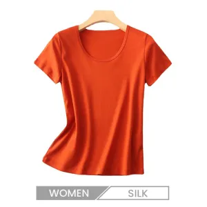 Women's Large U Neck Slim-Fit Short-Sleeved T-Shirt - Mulberry Silk Blend, Cool-Feeling, Non-Ironing