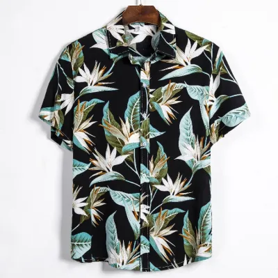 Men Fashion Leisure Holiday Floral Print Short Sleeve Lapel Shirt