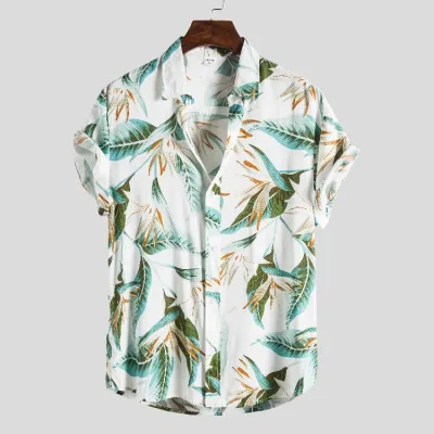 Men Fashion Leisure Holiday Floral Print Short Sleeve Lapel Shirt