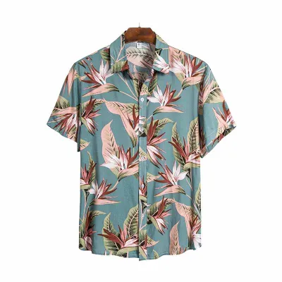 Men Fashion Leisure Holiday Floral Print Short Sleeve Lapel Shirt