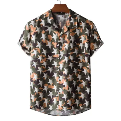 Men Fashion Leisure Holiday Flamingo Star Print Short Sleeve Lapel Shirt