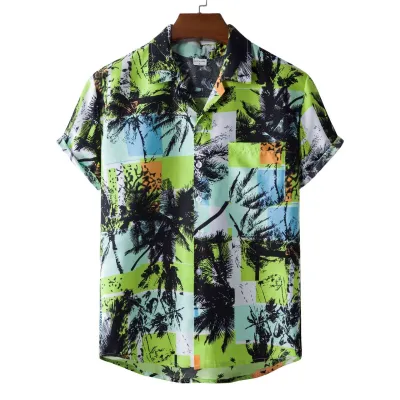 Men Fashion Leisure Holiday Flamingo Star Print Short Sleeve Lapel Shirt