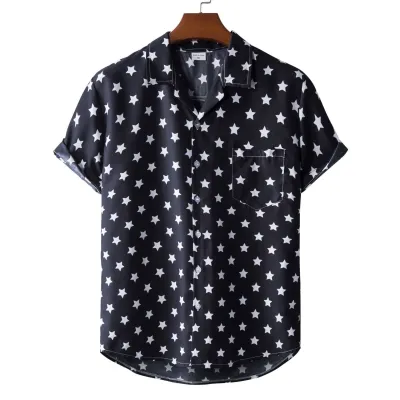 Men Fashion Leisure Holiday Flamingo Star Print Short Sleeve Lapel Shirt
