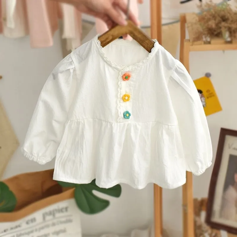 Kids Toddler Girls Spring Casual Cute Solid Color Flower Long Sleeve Blouses