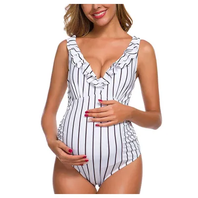 Pregnant Women Fashion Ruffled V-Neck Solid Color One-Piece Swimsuit