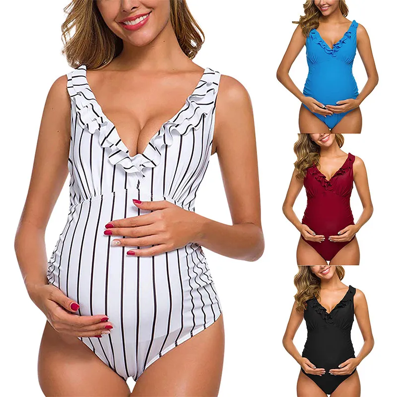 Pregnant Women Fashion Ruffled V-Neck Solid Color One-Piece Swimsuit