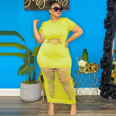 Women Fashion Sexy Solid Color Round Neck Short Sleeve Ramen Plus Size Dress