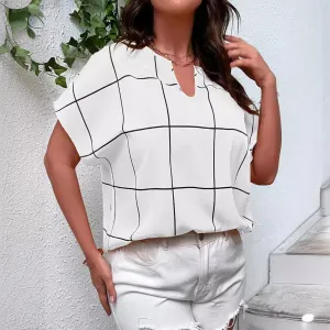 Summer Women Fashion Plaid Print Plus Size Short Sleeve Top