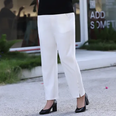Women Plus Size High Waist Straight Leg Pants Solid Color Stretch