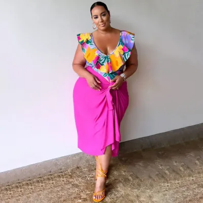 Women Plus Size V-Neck Floral Print Top Skirt Two-Piece Set