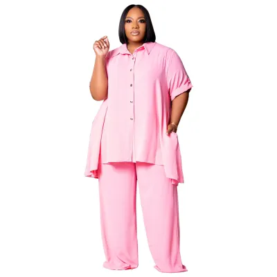 Women Casual Plus Size Solid Color Short-Sleeved Top Wide-Leg Pants Two-Piece Set