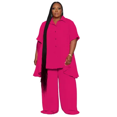 Women Casual Plus Size Solid Color Short-Sleeved Top Wide-Leg Pants Two-Piece Set