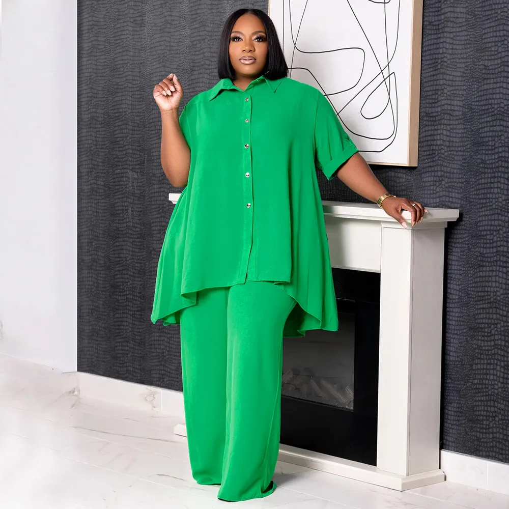 Women Casual Plus Size Solid Color Short-Sleeved Top Wide-Leg Pants Two-Piece Set