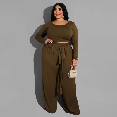 Women Plus Size Long Sleeve Strap Top Wide Leg Pants Two-Piece Set Solid Color