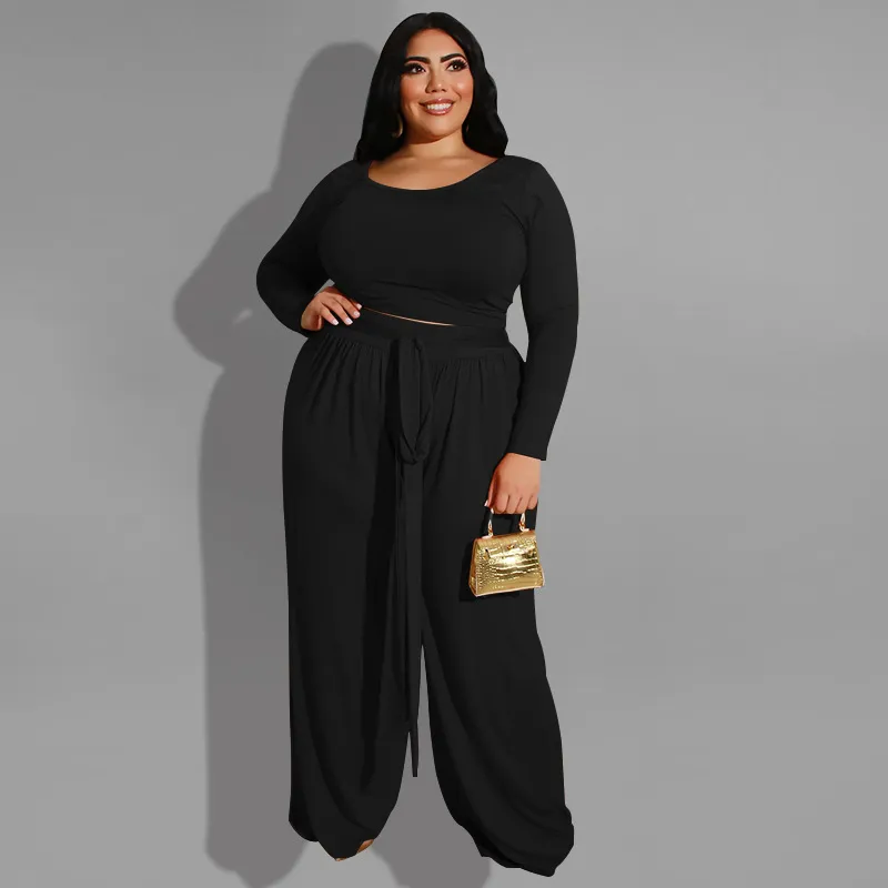 Women Plus Size Long Sleeve Strap Top Wide Leg Pants Two-Piece Set Solid Color