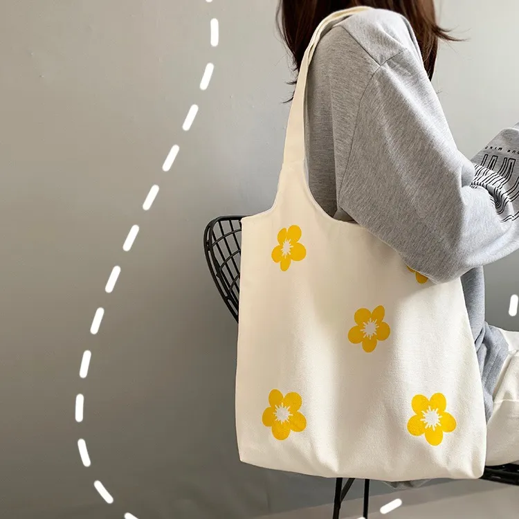 Women Fashion Floral Print Canvas Tote Bag Large Capacity Medium Size Double Handle