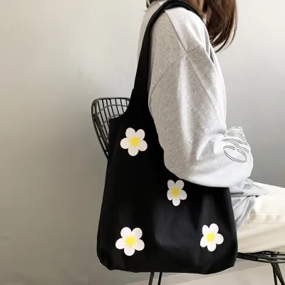 Women Fashion Floral Print Canvas Tote Bag Large Capacity Medium Size Double Handle