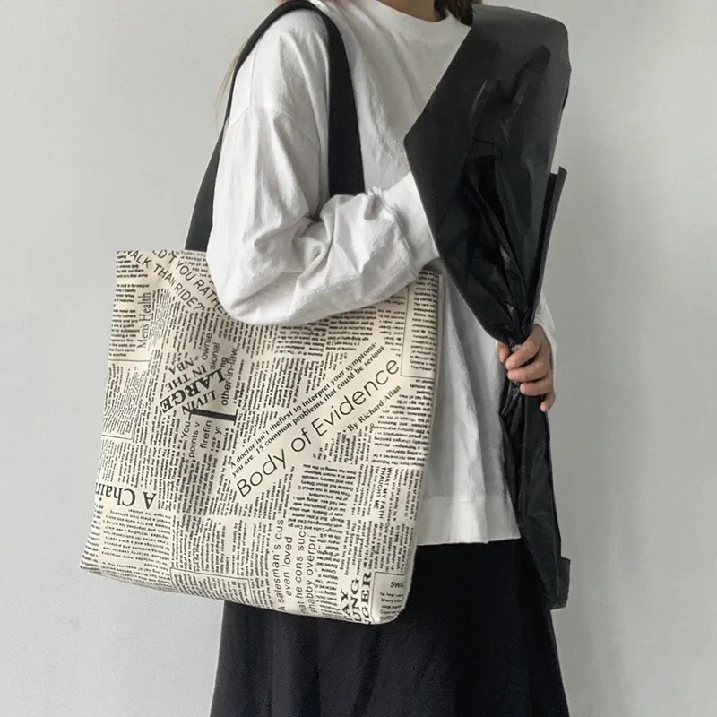 Women Fashion Creative Newspaper Printed Large Capacity Canvas Tote Shoulder Bag