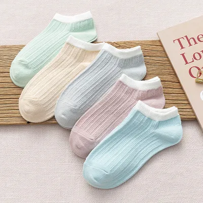 Women Candy Color Ankle Socks Breathable Sweat-Absorbing Solid Stripe Check