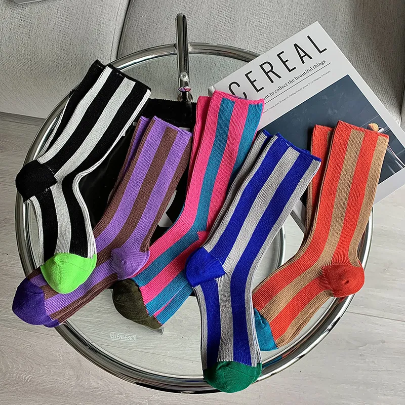 Women Fashion Stripe Color Block Cotton Socks