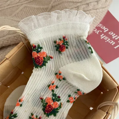Women Vintage Mori Small Tiny Flower Lace Cotton Socks