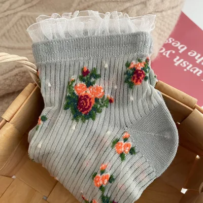 Women Vintage Mori Small Tiny Flower Lace Cotton Socks